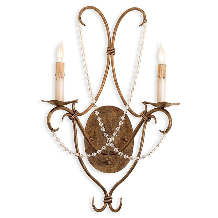 Currey & Company 2-Light 22" Crystal Lights Gold Wall Sconce in Rhine Gold Currey & Company 2-Light 22" Crystal Lights Gold Wall Sconce in Rhine Gold