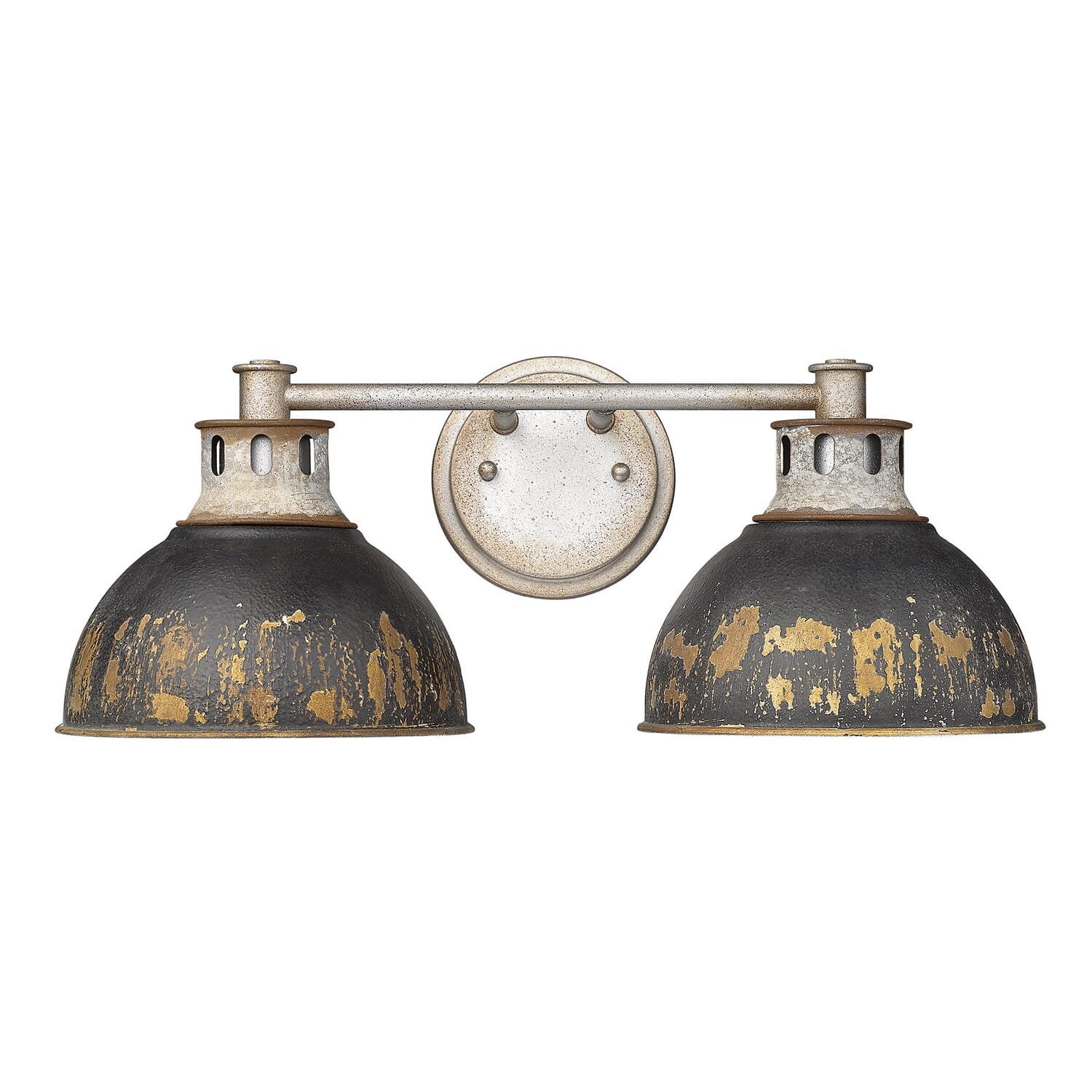 Aged Galvanized Steel Two Light Bath Vanity from the Kinsley Collection