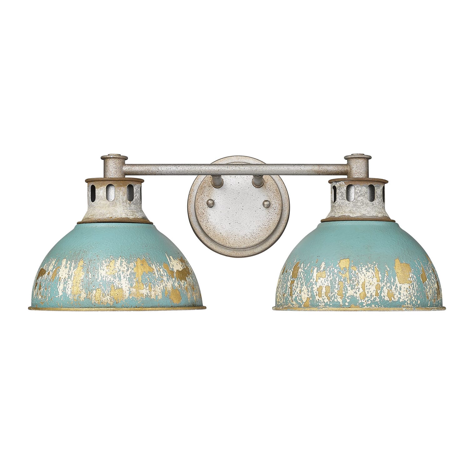 Aged Galvanized Steel Two Light Bath Vanity from the Kinsley Collection