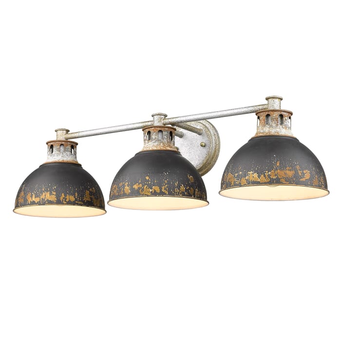Golden Kinsley 3-Light Bathroom Vanity Light in Aged Galvanized Steel Golden Kinsley 3-Light Bathroom Vanity Light in Aged Galvanized Steel
