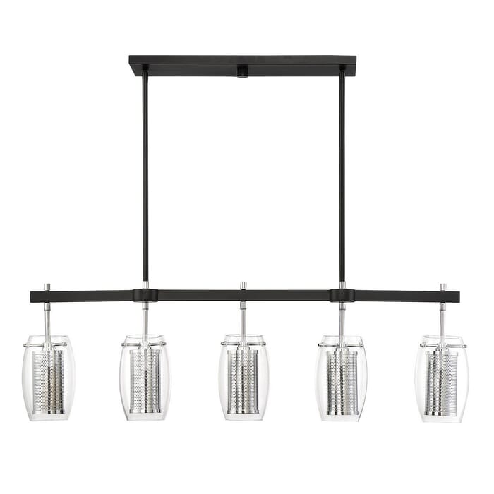 Savoy House Dunbar by Brian Thomas 5-Light Linear Chandelier in Matte Black with Polished Chrome Accents Savoy House Dunbar by Brian Thomas 5-Light Linear Chandelier in Matte Black with Polished Chrome Accents