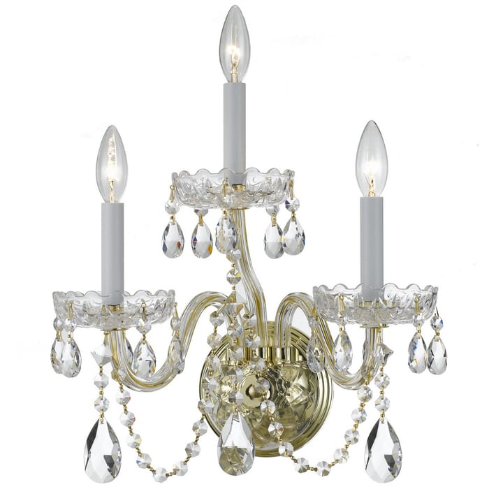 Crystorama Traditional Crystal 3-Light 15" Wall Sconce in Polished Brass with Clear Spectra Crystals Crystorama Traditional Crystal 3-Light 15" Wall Sconce in Polished Brass with Clear Spectra Crystals