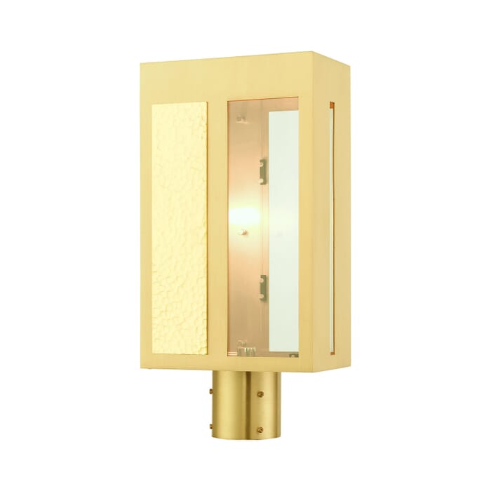 Lafayette 1-Light Outdoor Post Top Lantern in Satin Brass w with Hammered Polished Brass Panels Lafayette 1-Light Outdoor Post Top Lantern in Satin Brass w with Hammered Polished Brass Panels