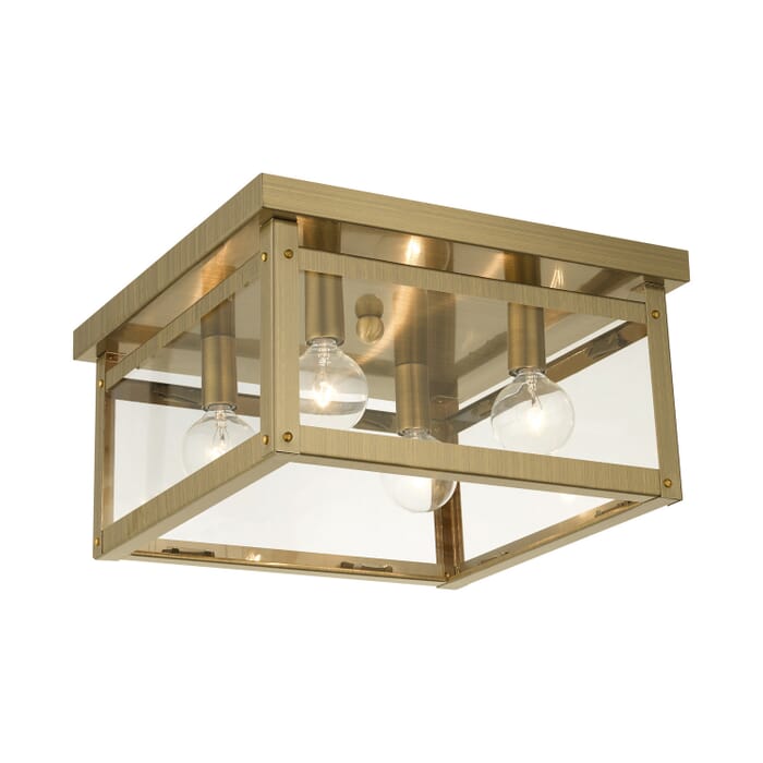 Milford 4-Light Flush Mount in Antique Brass Milford 4-Light Flush Mount in Antique Brass
