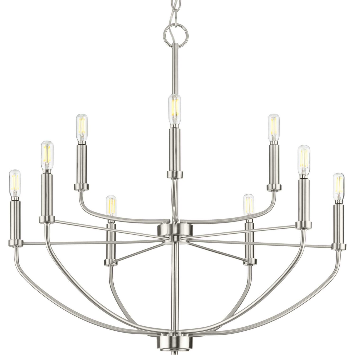 Brushed Nickel Nine Light Chandelier from the Leyden Collection