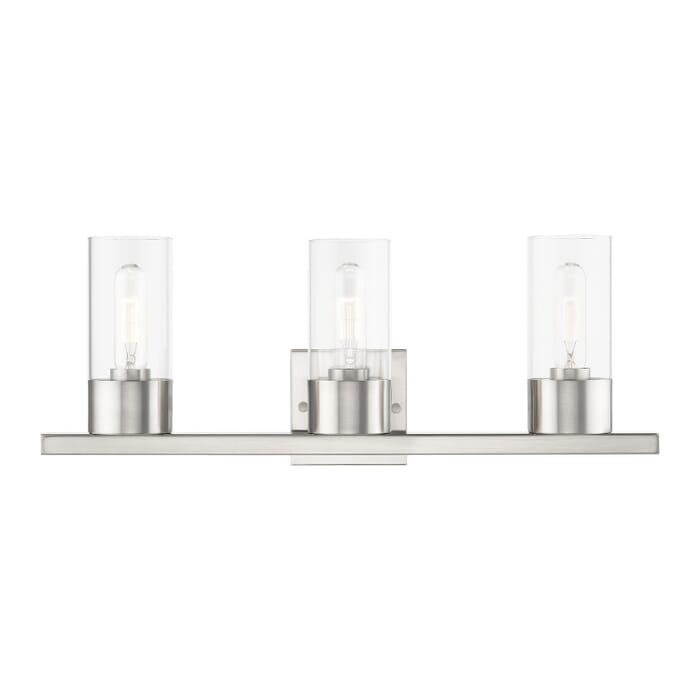Carson 3-Light Bathroom Vanity Sconce in Brushed Nickel Carson 3-Light Bathroom Vanity Sconce in Brushed Nickel