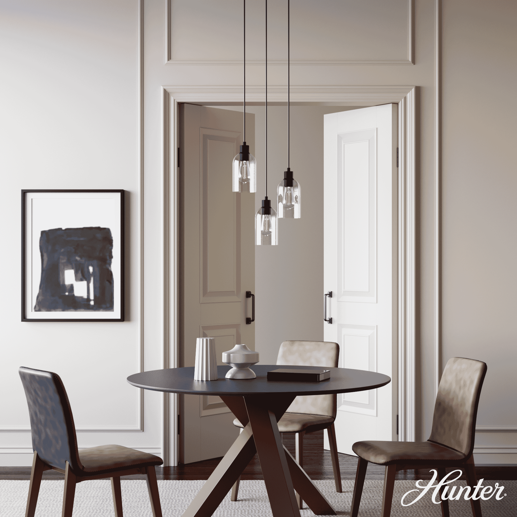 Hunter Lochmeade Clear Seeded Glass 3-Light Round Pendant Cluster in Noble Bronze
