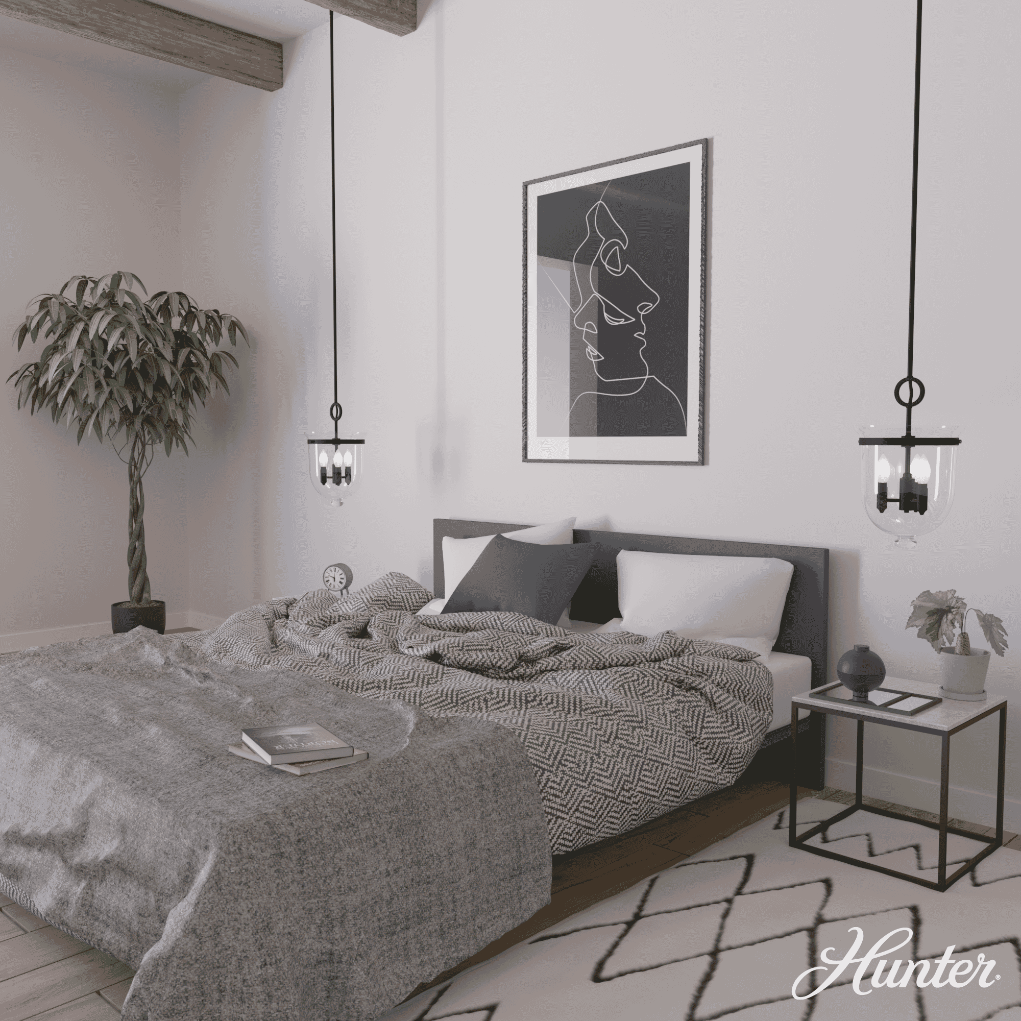 Hunter Belltown 3-Light Pendant in Natural Iron