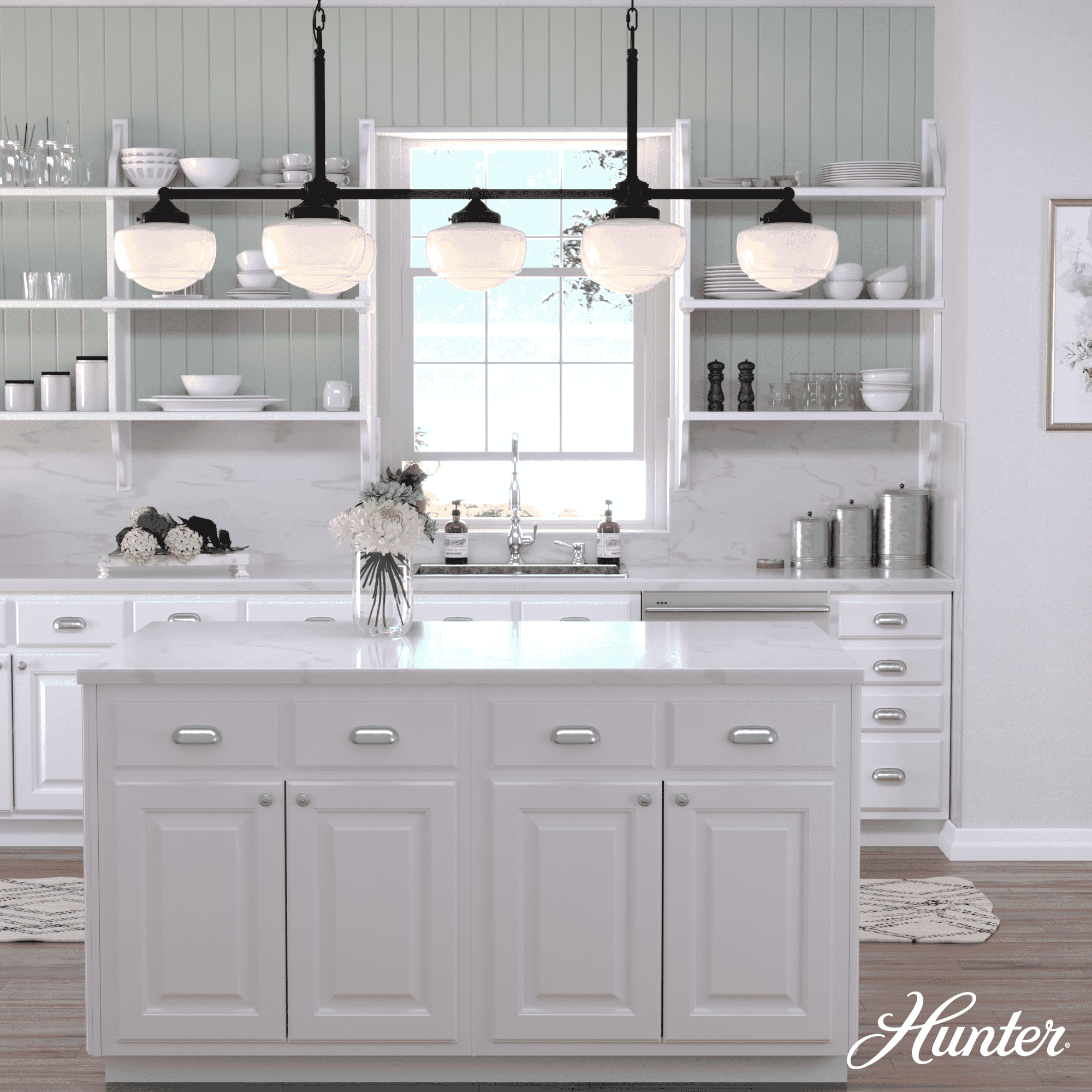 Hunter Saddle Creek Shiny Cased White Glass 7-Light Linear Chandelier in Noble Bronze