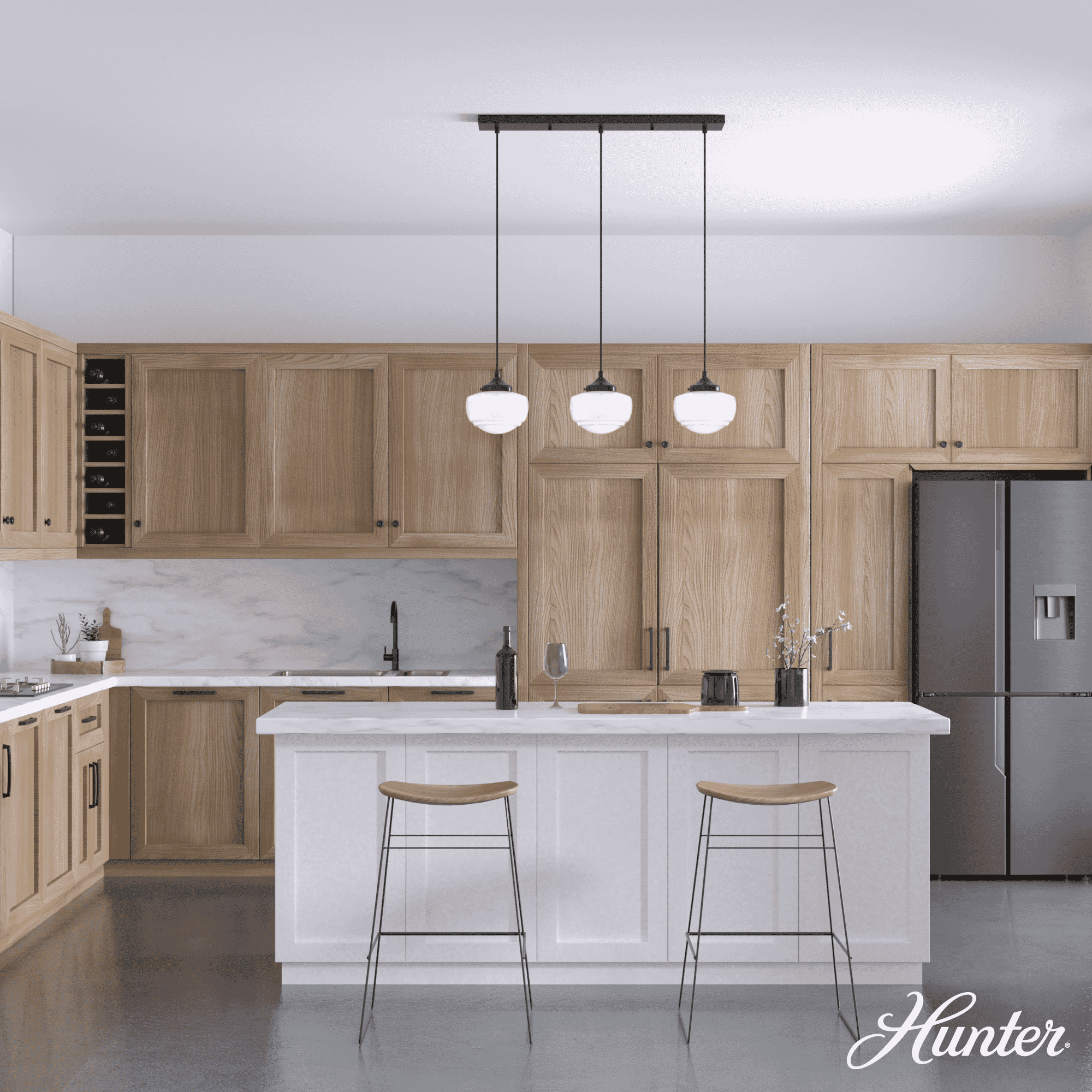 Hunter Saddle Creek Shiny Cased White Glass 3-Light Linear Pendant Cluster in Noble Bronze
