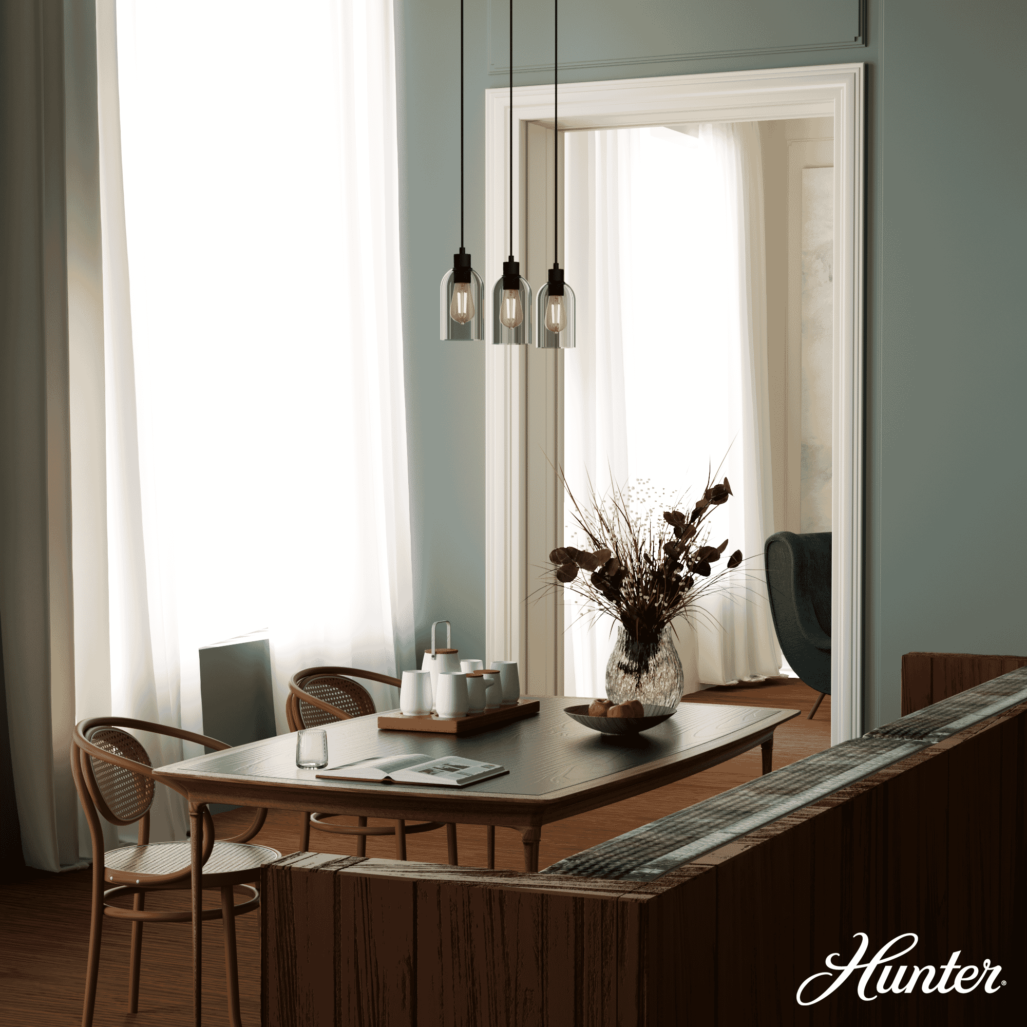 Hunter Lochmeade Smoked Glass 3-Light Linear Pendant Cluster in Natural Iron