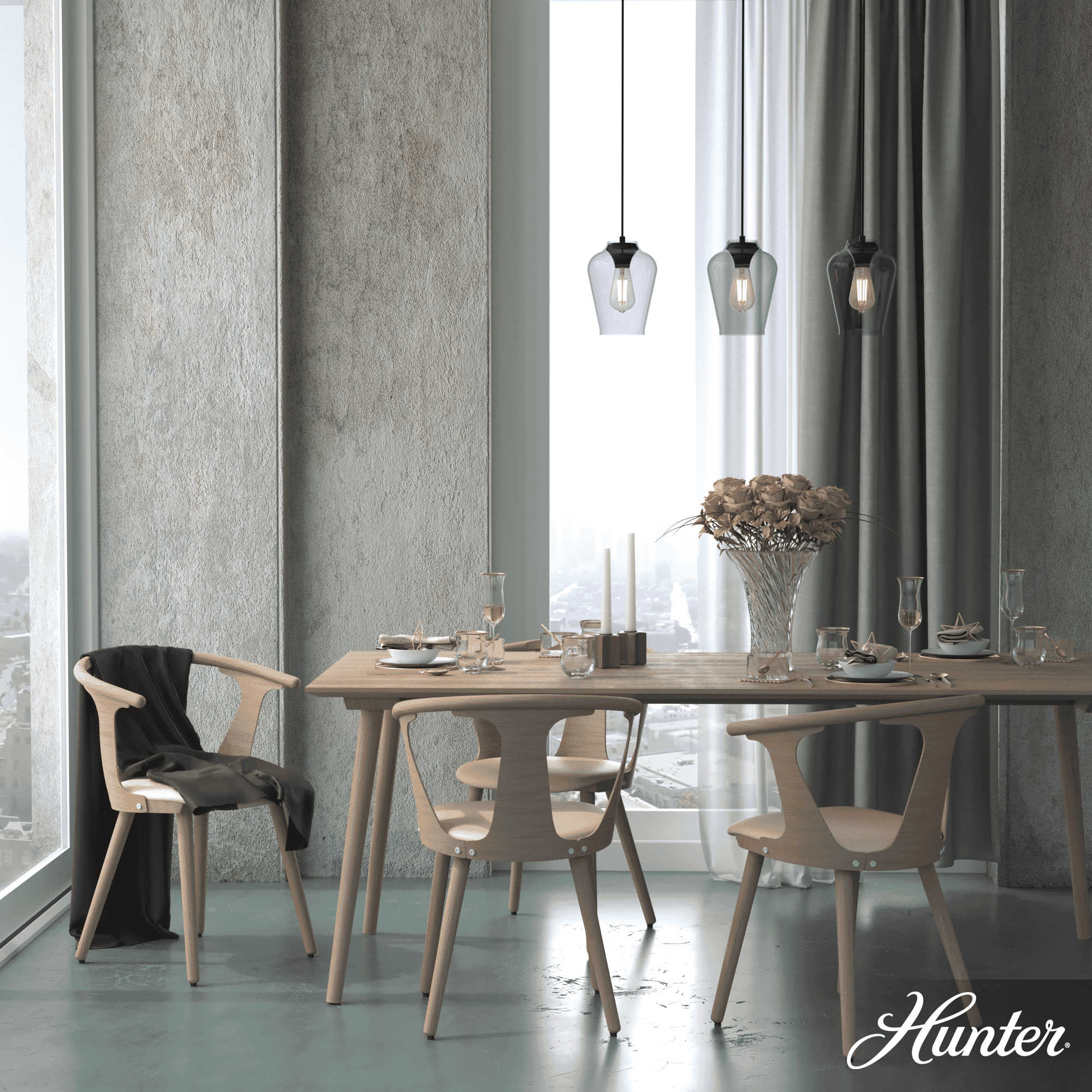 Hunter Vidria Smoked Glass 3-Light Linear Pendant Cluster in Matte Black