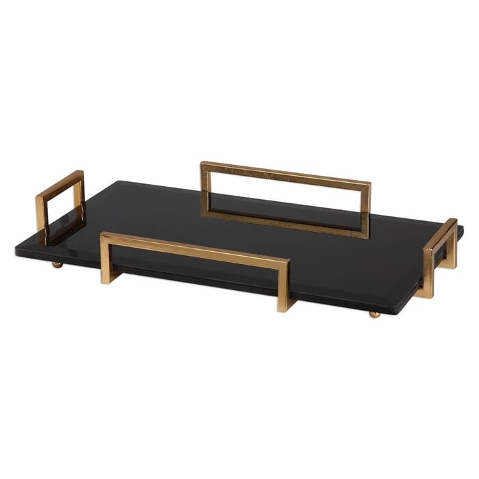 Uttermost Ettore 24" Beveled Black Glass Tray in Antique Gold Leaf Uttermost Ettore 24" Beveled Black Glass Tray in Antique Gold Leaf