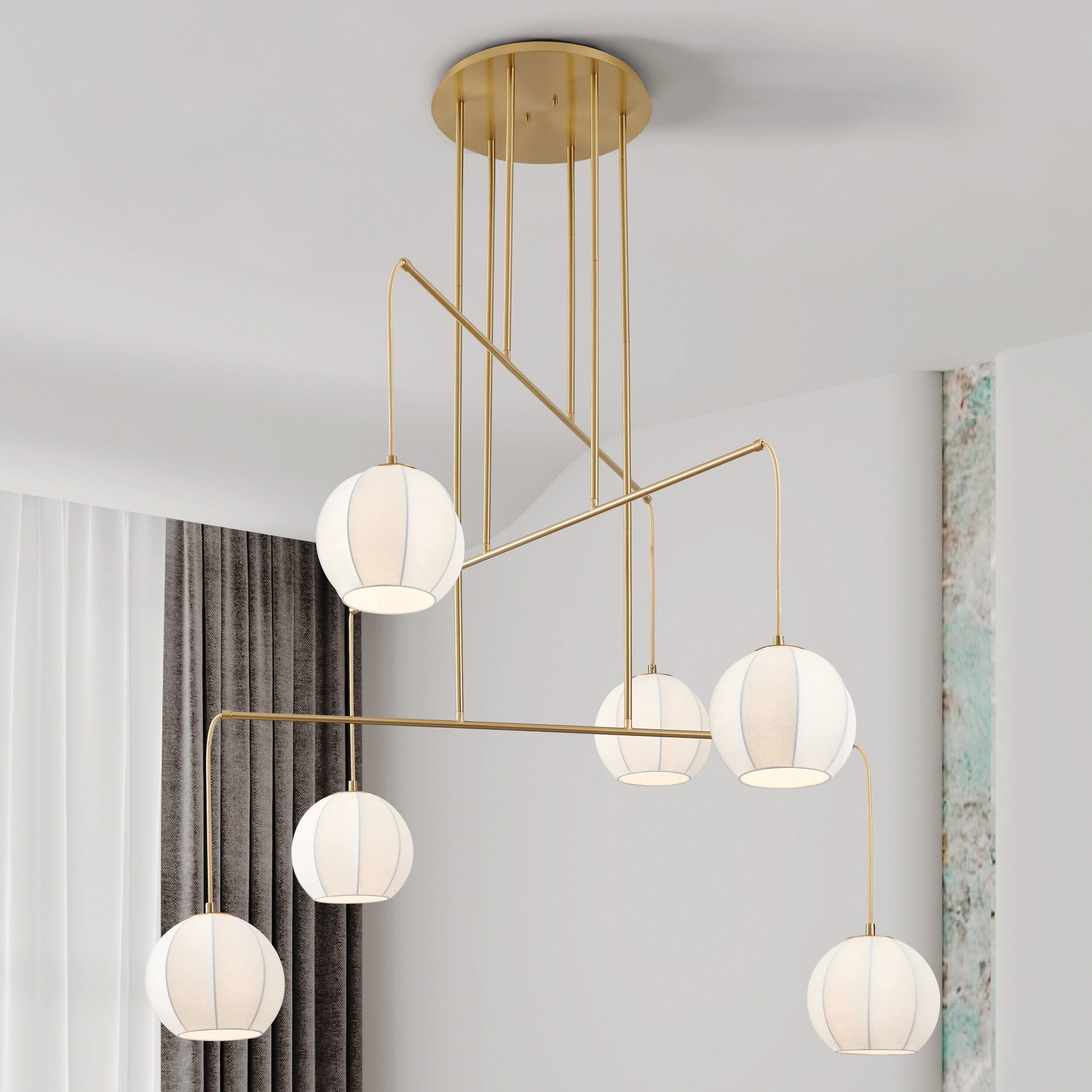 Bryony 48-inch 6-light Brushed Gold Chandelier with White Synthetic Silk Shades
