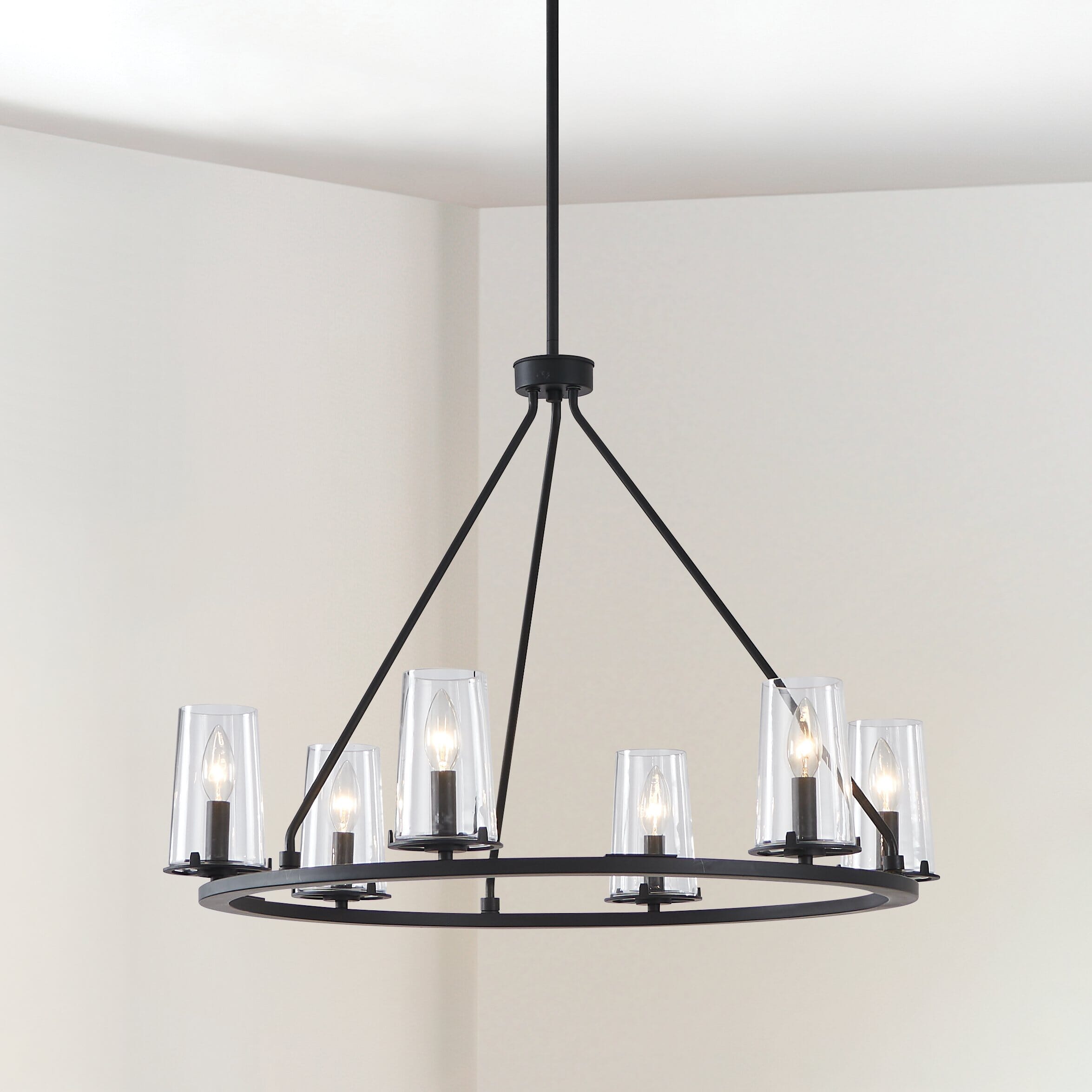 Jared 30-inch 6-light Matte Black Chandelier with Clear Glass Shades