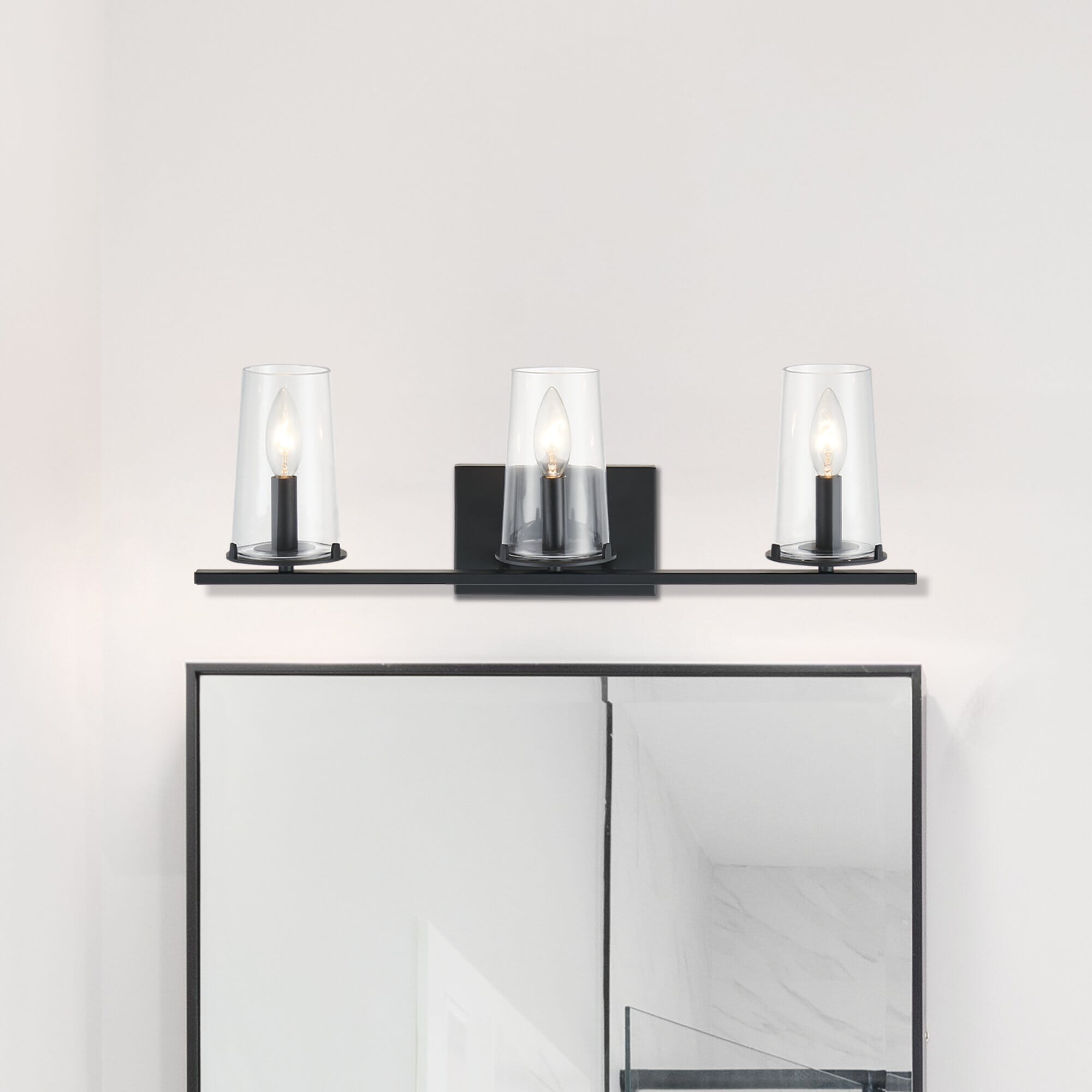 Jared 24-inch 3-light Matte Black Vanity Light with Clear Glass Shades