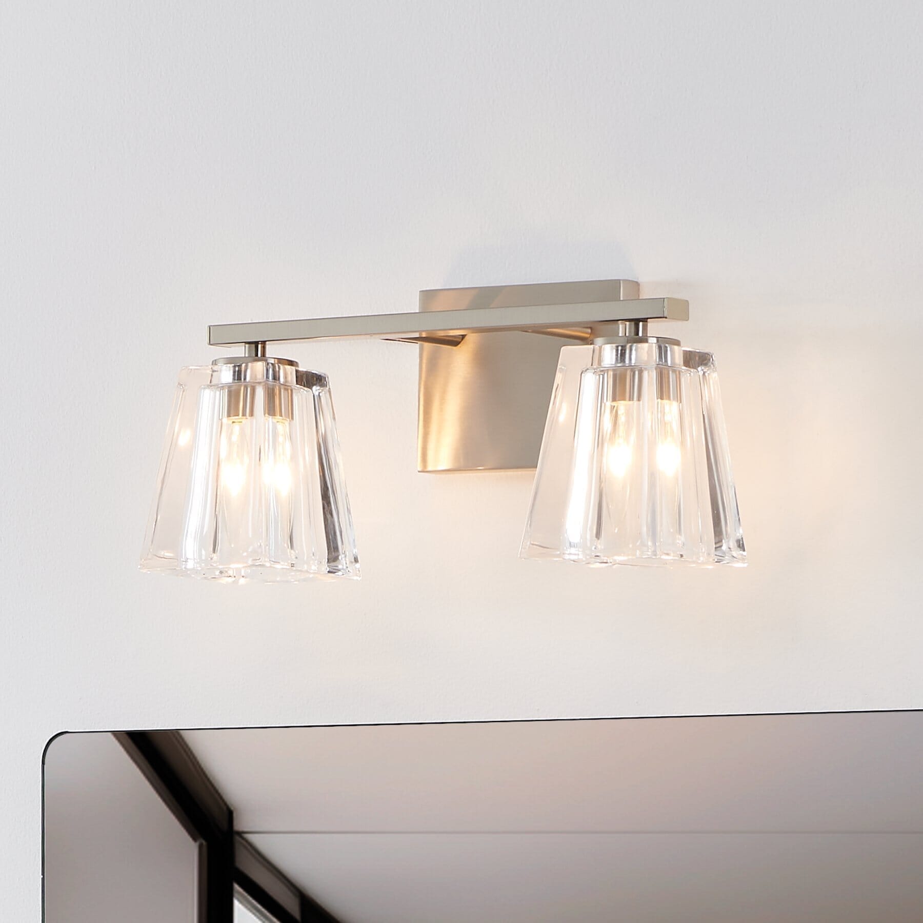 Valentin 15-inch 2-light Brushed Nickel Vanity Light with Clear Pressed Glass Shades