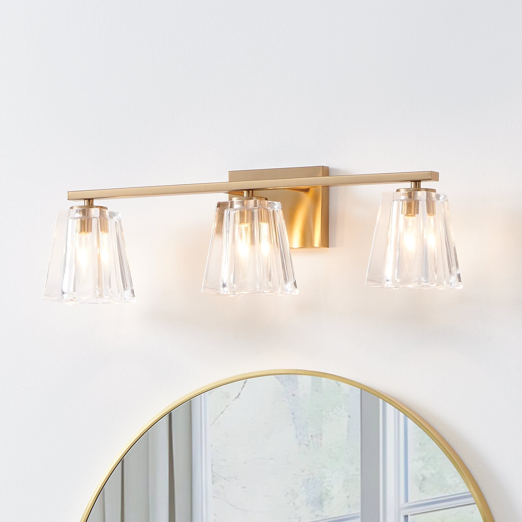 Valentin 24-inch 3-light Champagne Gold Vanity Light with Clear Pressed Glass Shades
