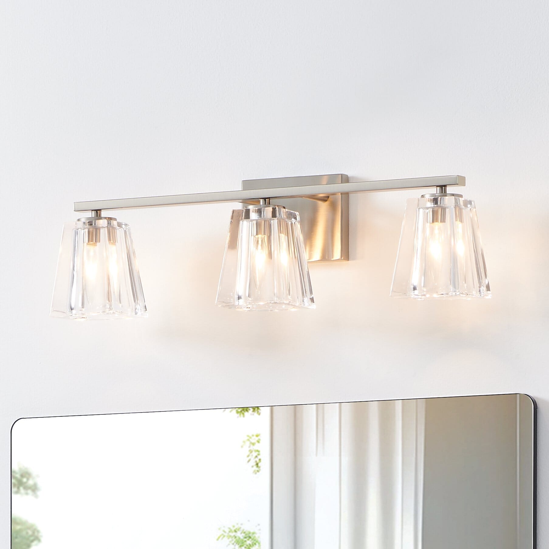 Valentin 24-inch 3-light Brushed Nickel Vanity Light with Clear Pressed Glass Shades