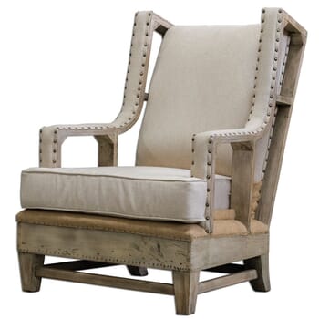Uttermost Schafer 44" Neutral Linen Armchair in Aged White Mahogany