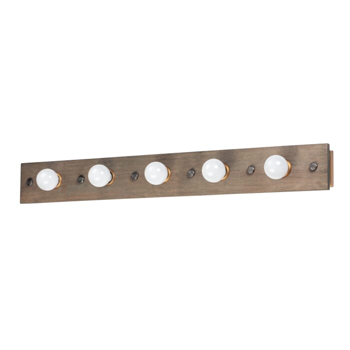 Maxim Plank 5-Light Bathroom Vanity Light in Weathered Wood and Antique Brass Maxim Plank 5-Light Bathroom Vanity Light in Weathered Wood and Antique Brass
