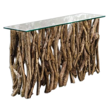 Uttermost Teak Wood 59" Clear Glass Console in Natural Teak Wood