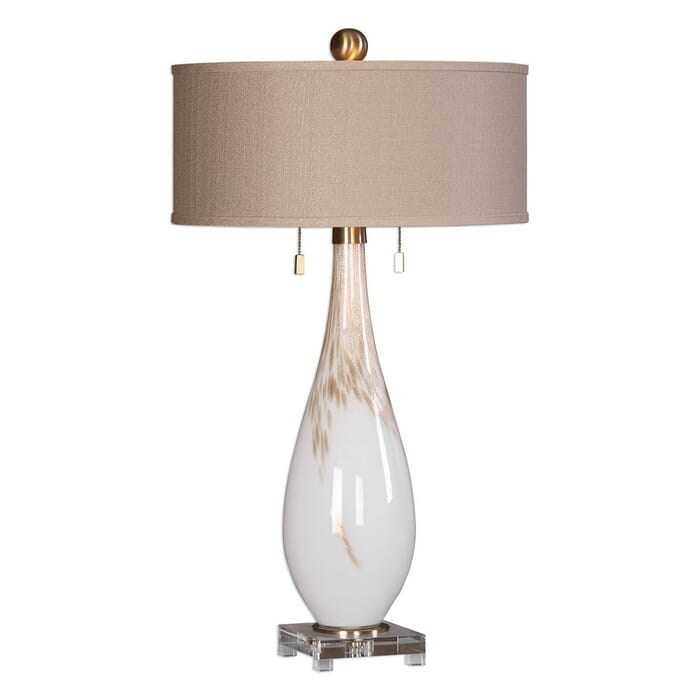 Uttermost Cardoni 2-Light Gloss White Glass Table Lamp in Brushed Brass Uttermost Cardoni 2-Light Gloss White Glass Table Lamp in Brushed Brass