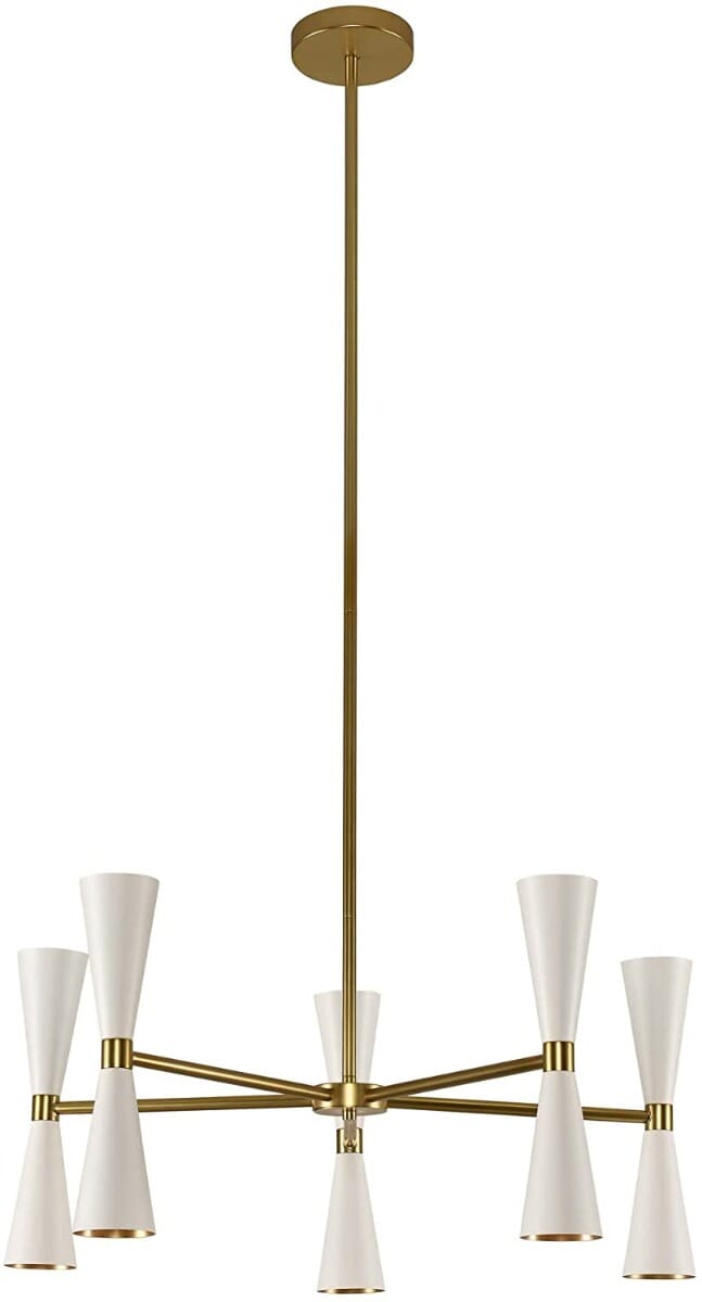 Milo 10-Light Mid-Century Modern Chandelier in White and Vintage Brass