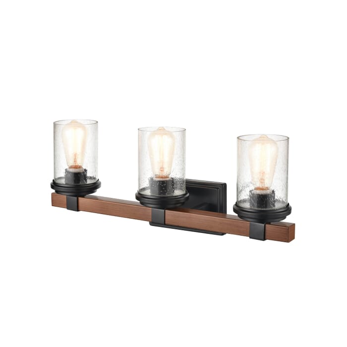 Millennium Taos 3-Light Bathroom Vanity Light in Matte Black and Wood Grain Millennium Taos 3-Light Bathroom Vanity Light in Matte Black and Wood Grain