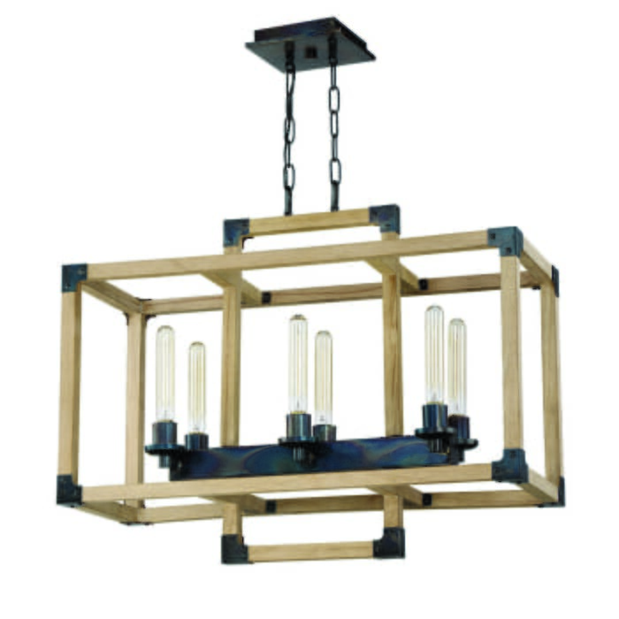 Craftmade Cubic 6-Light 30" Transitional Chandelier in Fired Steel with Natural Wood Craftmade Cubic 6-Light 30" Transitional Chandelier in Fired Steel with Natural Wood