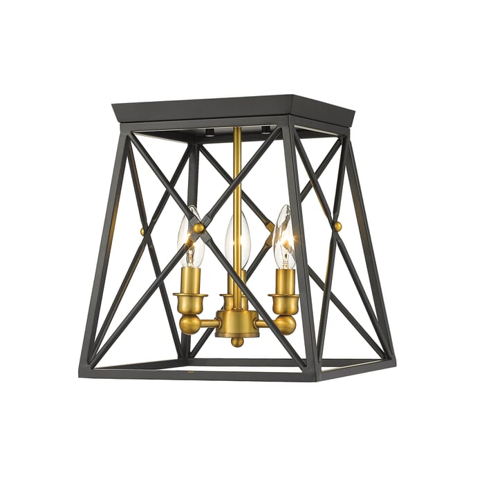 Z-Lite Trestle 3-Light Flush Mount Ceiling Light In Matte Black With Olde Brass Z-Lite Trestle 3-Light Flush Mount Ceiling Light In Matte Black With Olde Brass