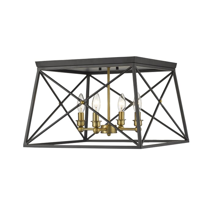 Z-Lite Trestle 4-Light Flush Mount Ceiling Light In Matte Black With Olde Brass Z-Lite Trestle 4-Light Flush Mount Ceiling Light In Matte Black With Olde Brass