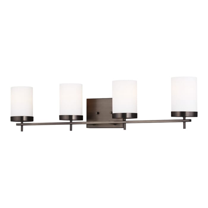 Zire 4-Light Bathroom Vanity Light in Brushed Oil Rubbed Bronze Zire 4-Light Bathroom Vanity Light in Brushed Oil Rubbed Bronze