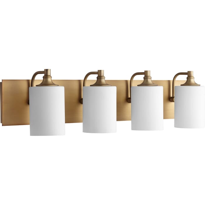 Quorum Celeste 4-Light Bathroom Vanity Light in Aged Brass Quorum Celeste 4-Light Bathroom Vanity Light in Aged Brass