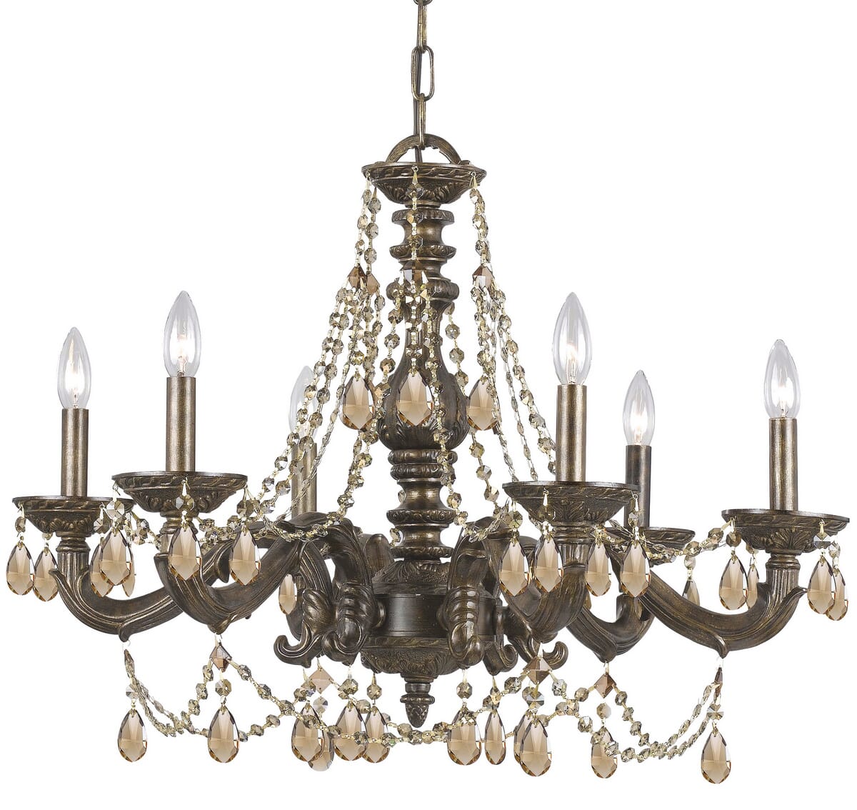 Paris Market 6-Light 22" Transitional Chandelier in Venetian Bronze with Golden Teak Hand Cut Crystals