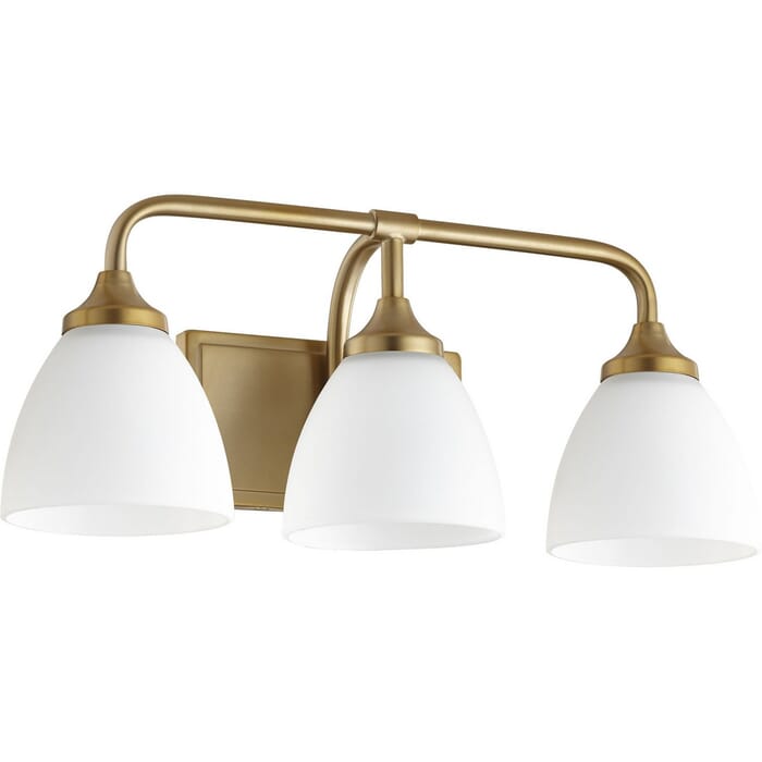 Quorum Enclave 3-Light Bathroom Vanity Light in Aged Brass Quorum Enclave 3-Light Bathroom Vanity Light in Aged Brass