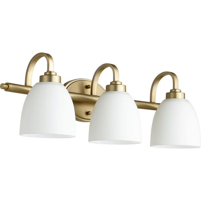 Quorum Reyes 3-Light 8" Bathroom Vanity Light in Aged Brass Quorum Reyes 3-Light 8" Bathroom Vanity Light in Aged Brass