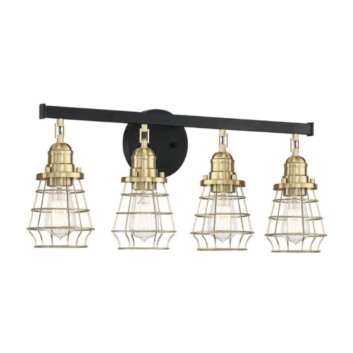 Craftmade Thatcher 4-Light Bathroom Vanity Light in Flat Black with Satin Brass Craftmade Thatcher 4-Light Bathroom Vanity Light in Flat Black with Satin Brass