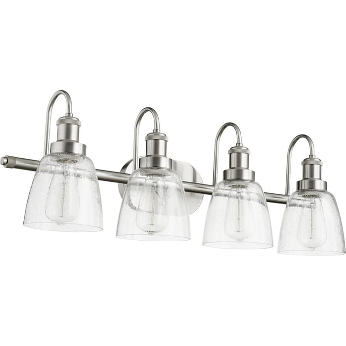 Quorum Transitional 4-Light Bathroom Vanity Light in Satin Nickel Quorum Transitional 4-Light Bathroom Vanity Light in Satin Nickel