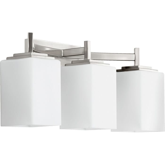 Quorum Delta 3-Light 9" Bathroom Vanity Light in Satin Nickel Quorum Delta 3-Light 9" Bathroom Vanity Light in Satin Nickel