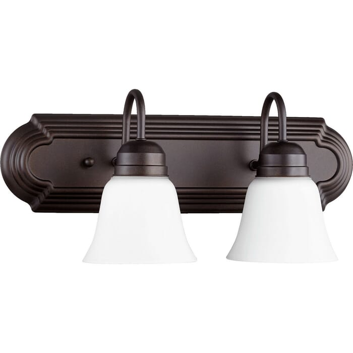 Quorum Quorum Home 2-Light 8" Bathroom Vanity Light in Oiled Bronze with Satin Opal Quorum Quorum Home 2-Light 8" Bathroom Vanity Light in Oiled Bronze with Satin Opal