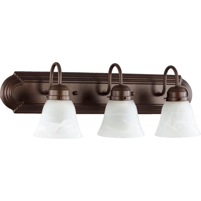 Quorum Home 3-Light Bathroom Vanity Light in Oiled Bronze Quorum Home 3-Light Bathroom Vanity Light in Oiled Bronze