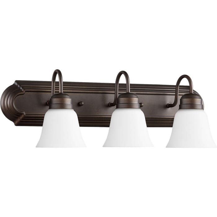 Quorum Quorum Home 3-Light 8" Bathroom Vanity Light in Oiled Bronze with Satin Opal Quorum Quorum Home 3-Light 8" Bathroom Vanity Light in Oiled Bronze with Satin Opal