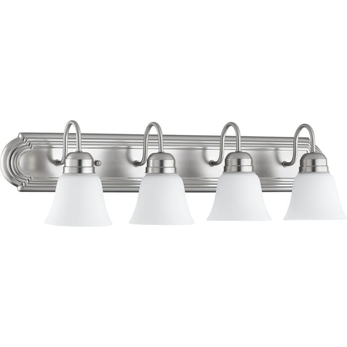 Quorum Quorum Home 4-Light 8" Bathroom Vanity Light in Satin Nickel with Satin Opal Quorum Quorum Home 4-Light 8" Bathroom Vanity Light in Satin Nickel with Satin Opal