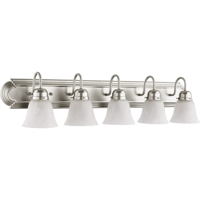 Quorum Quorum Home 5-Light 8" Bathroom Vanity Light in Satin Nickel Quorum Quorum Home 5-Light 8" Bathroom Vanity Light in Satin Nickel