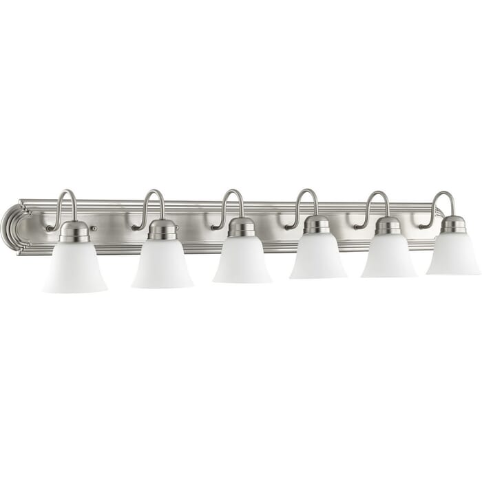 Quorum Quorum Home 6-Light 8" Bathroom Vanity Light in Satin Nickel with Satin Opal Quorum Quorum Home 6-Light 8" Bathroom Vanity Light in Satin Nickel with Satin Opal