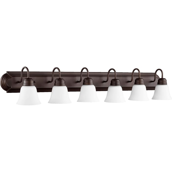 Quorum Quorum Home 6-Light 8" Bathroom Vanity Light in Oiled Bronze with Satin Opal Quorum Quorum Home 6-Light 8" Bathroom Vanity Light in Oiled Bronze with Satin Opal