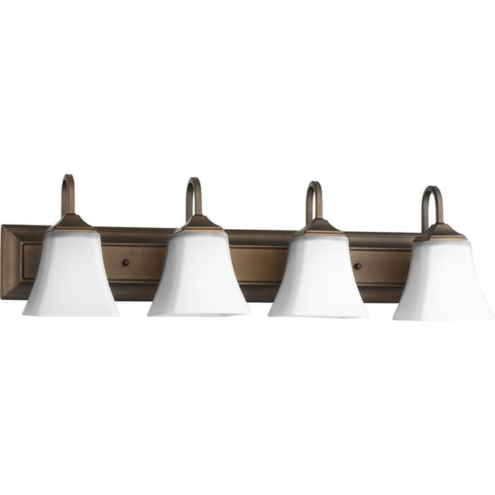 Quorum Transitional 4-Light 8" Bathroom Vanity Light in Oiled Bronze with Satin Opal Quorum Transitional 4-Light 8" Bathroom Vanity Light in Oiled Bronze with Satin Opal