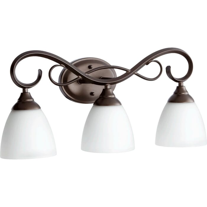 Quorum Powell 3-Light 11" Bathroom Vanity Light in Oiled Bronze with Satin Opal Quorum Powell 3-Light 11" Bathroom Vanity Light in Oiled Bronze with Satin Opal