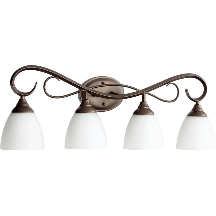 Quorum Powell 4-Light 11" Bathroom Vanity Light in Oiled Bronze with Satin Opal Quorum Powell 4-Light 11" Bathroom Vanity Light in Oiled Bronze with Satin Opal